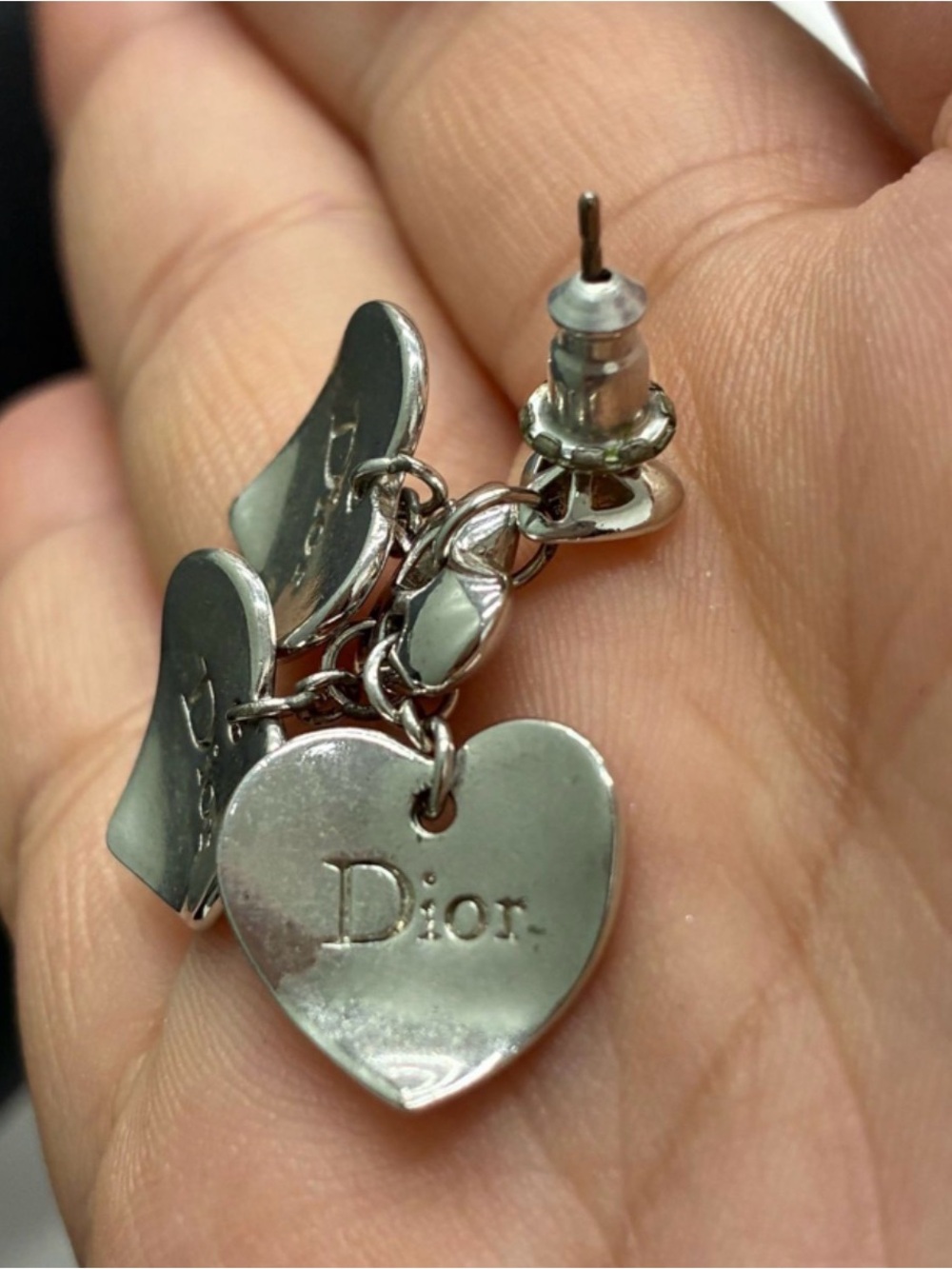 Dior Silver Heart Charm Cluster Drop Earrings - Picture 7 of 8